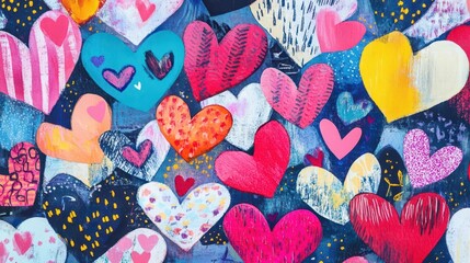 whimsical hearts illustration, vibrant colors and playful patterns, perfect for a valentine's day background, evoking love and affection throughout the design