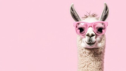 Naklejka premium whimsical illustration of a cute llama wearing bubblegum-pink sunglasses, exuding charm and personality against a playful pink background with space for text