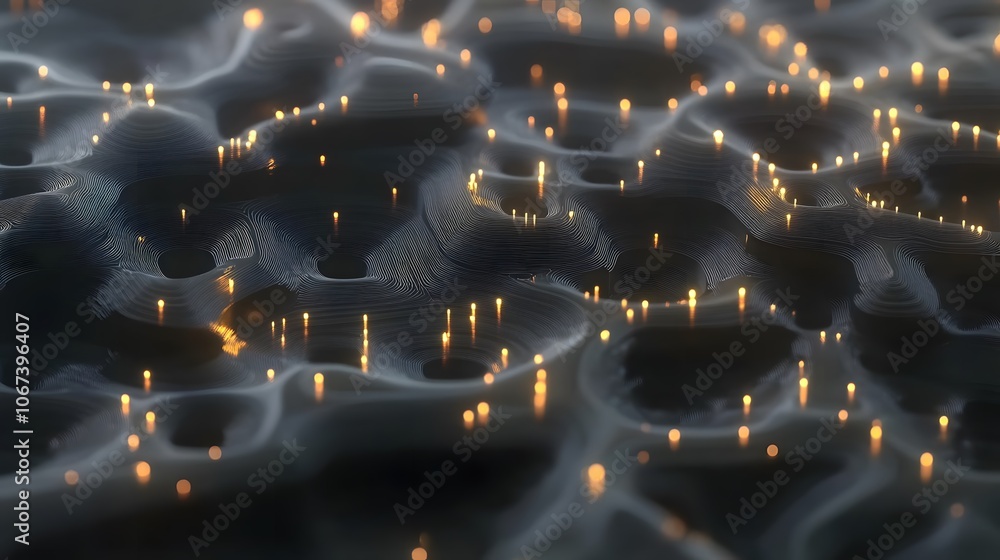 Poster Abstract design of a layered ML model with glowing pathways and dots, emphasizing its learning capabilities, 4k resolution