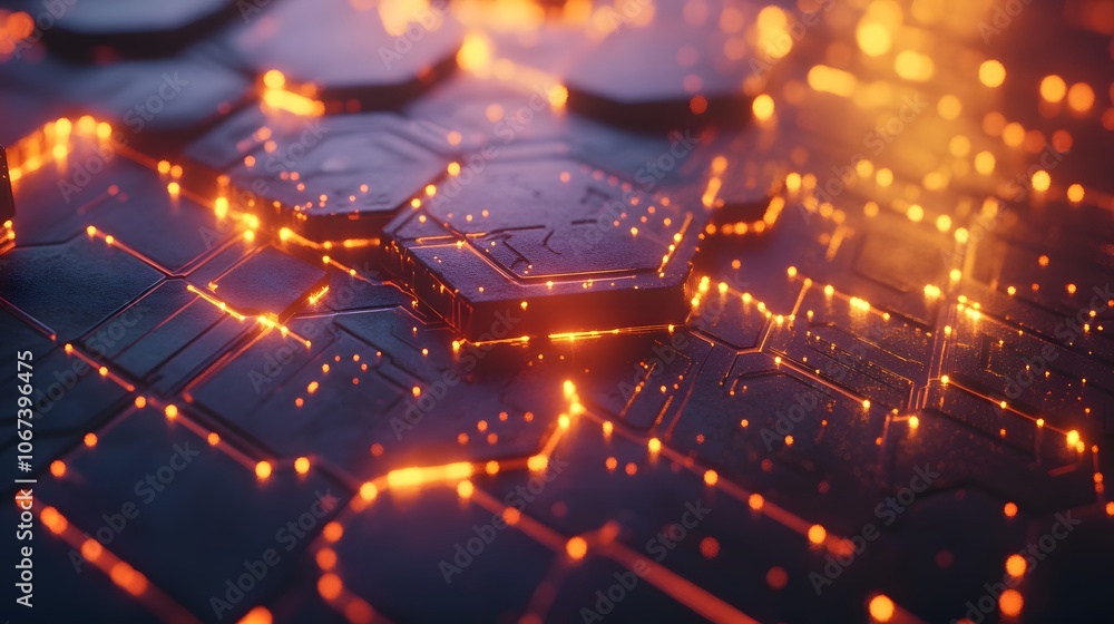 Poster Digital representation of layered hexagons and glowing nodes, symbolizing an advanced machine learning system, 4k resolution