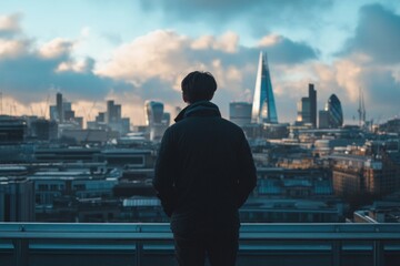 A person stands on a rooftop overlooking a vibrant cityscape. The skyline glistens under the evening sun. It captures the essence of urban life and endless possibilities. Generative AI