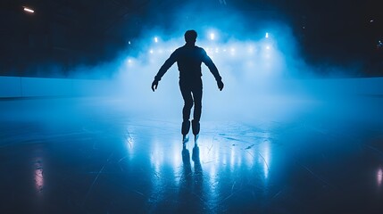 Naklejka premium Silhouette of male ice skater gliding through foggy rink under blue lights.