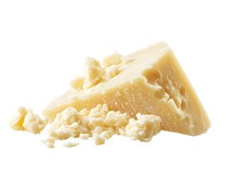 A wedge of parmesan cheese with crumbled pieces, isolated on white background. PNG transparent.