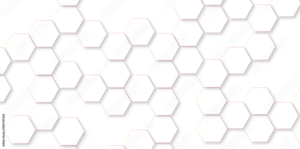 Poster Geometric Elegance Hexagonal Pattern Background. 3D Futuristic honeycomb technology white background with shadows. Realistic geometric Structure mesh cells texture. modern futuristic wallpaper. 