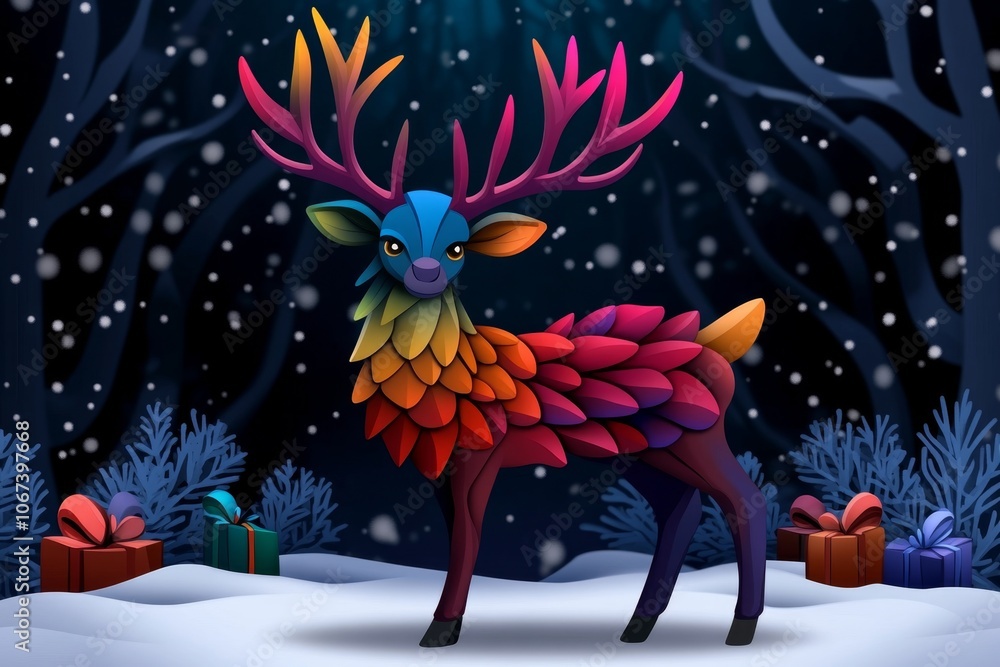 Poster a retro pixel art reindeer with colorful 8-bit antlers and a snowy background, giving it a nostalgic