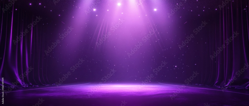 Poster a vibrant stage illuminated with purple lights, creating an atmospheric performance setting.