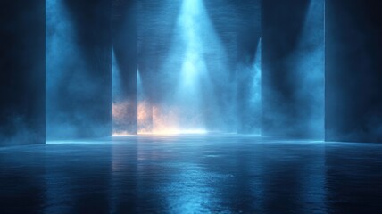 Dark Background with lights. Reflection of neon lights, a searchlight, smoke. Abstract light in a dark empty street with smoke, smog. Dark black wall with blue lighting