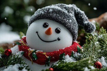 A snowman in a forest with snow-covered branches, looking festive with a garland wrapped around its neck