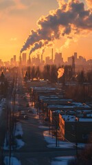 Fototapeta premium Sunset over an industrial skyline with smoke rising into the orange sky.