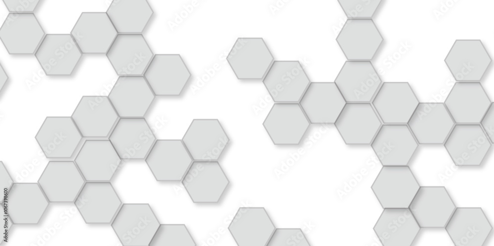Poster Geometric Elegance Hexagonal Pattern Background. 3D Futuristic honeycomb technology grey background with shadows. Realistic geometric Structure mesh cells texture. modern futuristic wallpaper. 
