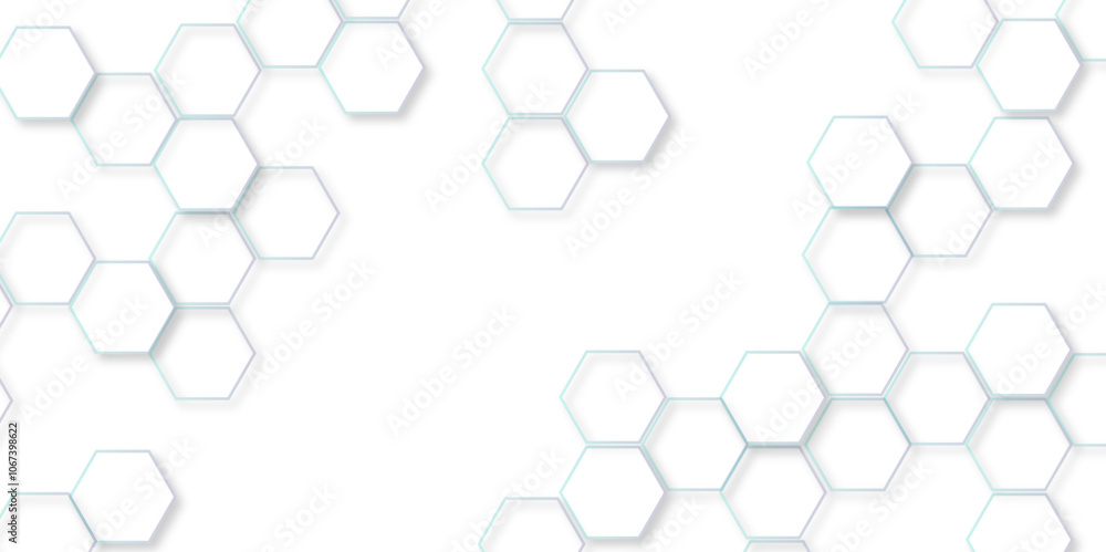 Poster Geometric Elegance Hexagonal Pattern Background. 3D Futuristic honeycomb technology white background with shadows. Realistic geometric Structure mesh cells texture. modern futuristic wallpaper. 
