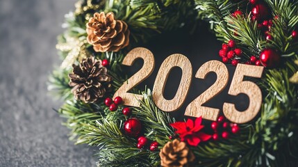 Festive New Year 2025 wreath with pine cones and red berries