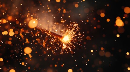 A close-up of a sparkler igniting, creating bright sparks and glowing bokeh effects.