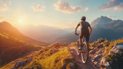 young man passionately riding a bicycle along a rugged mountain trail, embodying the spirit of adventure and fitness, surrounded by a stunning natural landscape