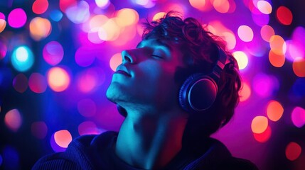 young man immersed in music, headphones on, surrounded by vibrant neon lights reflecting off his face, capturing a mood of euphoria and creativity