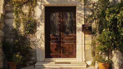 Fototapeta premium Wooden Doorway with Stone Walls