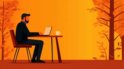 A man works on a laptop at a table surrounded by autumn trees, set against a warm, orange background.