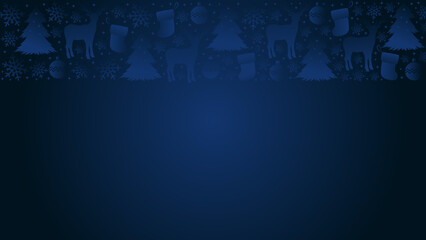 Navy christmas background with deer, snowflake, fir, ball and santa sock
