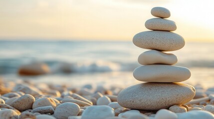 zen stones meticulously stacked in a serene arrangement, symbolizing meditation and concentration, set against a calming backdrop for mindfulness