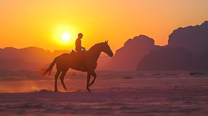 Silhouette of a rider on a horse against a vibrant sunset in the desert.