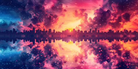 Obraz premium A city skyline reflected in a starry sky with vibrant pink and orange clouds.