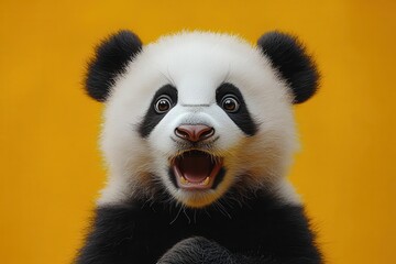 Fototapeta premium surprised panda with wide eyes expressing astonishment against a cheerful yellow background bringing forth a sense of joy and playfulness perfect for an imaginative and fun illustration