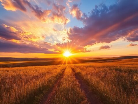 a breathtaking sunset over a vast field, time-lapse of rolling colorful clouds and radiant light, nature's beauty captured in rich hues, tranquility and awe reflected in the landscape