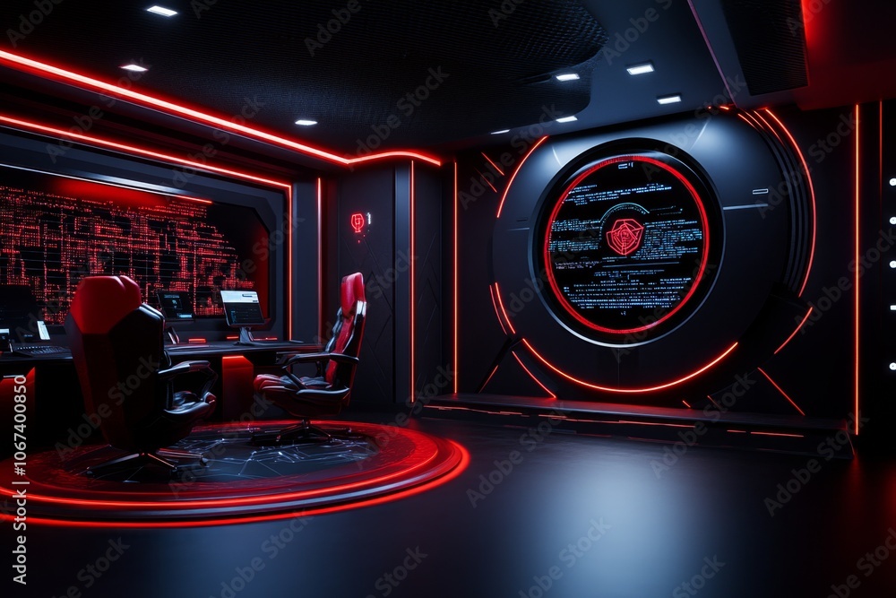 Aufkleber Augmented reality interface showing live cyber threat data in a high-tech room, representing advanced intelligence systems