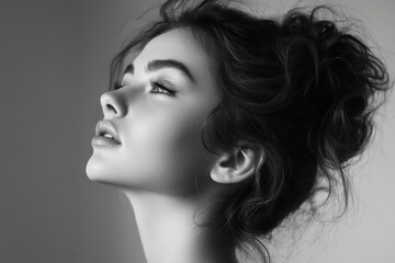 Fototapeta premium A black and white portrait of a young woman looking up with a messy bun hairstyle, symbolizing confidence, beauty, youth, style, and femininity.