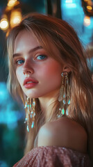 Obraz premium Jellyfish-inspired earrings worn by model amidst dreamy atmosphere