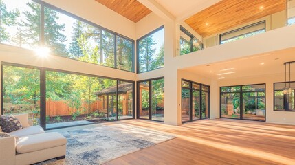 Fototapeta premium Spacious modern living area with large windows and natural light.