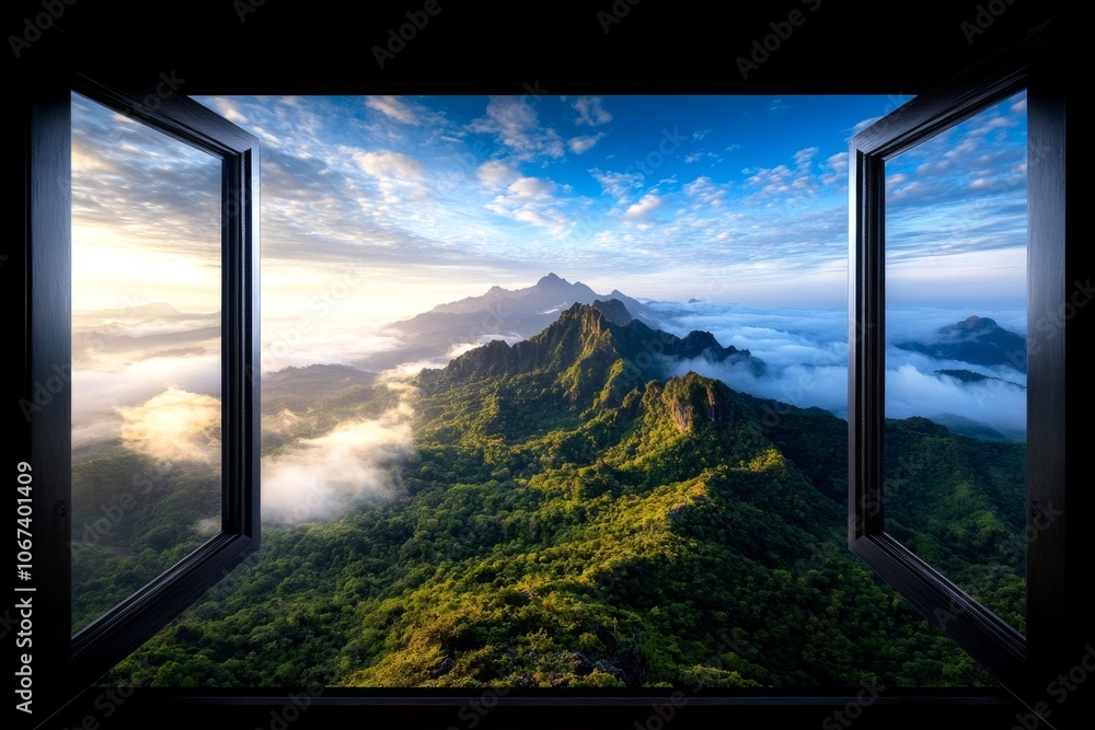Poster Close-up of an open window with morning light streaming in, representing a peaceful wake-up call from nature