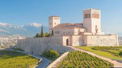 Fototapeta premium Scenic view of a historic castle with mountains in the background.