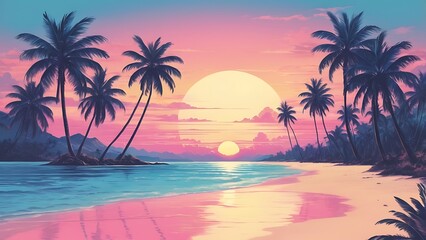 Obraz premium ocean and palm trees with sunset retro illustration