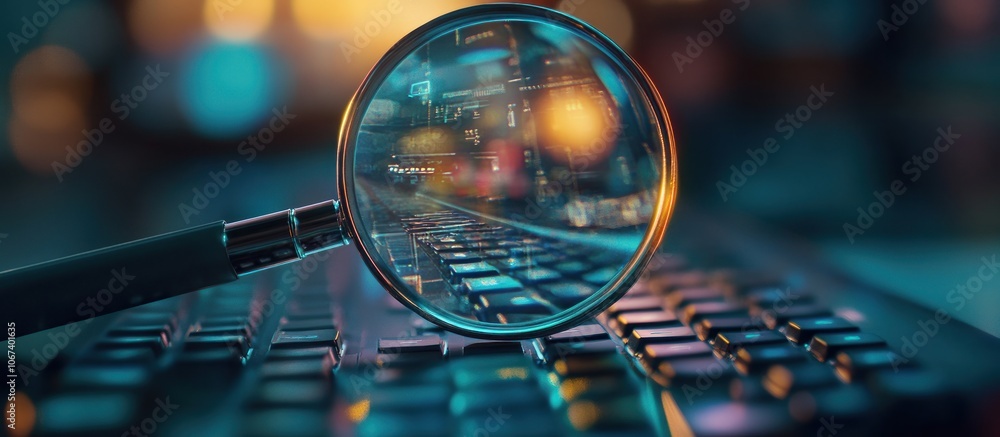 Poster a magnifying glass over a keyboard, reflecting a cityscape in a digital context.