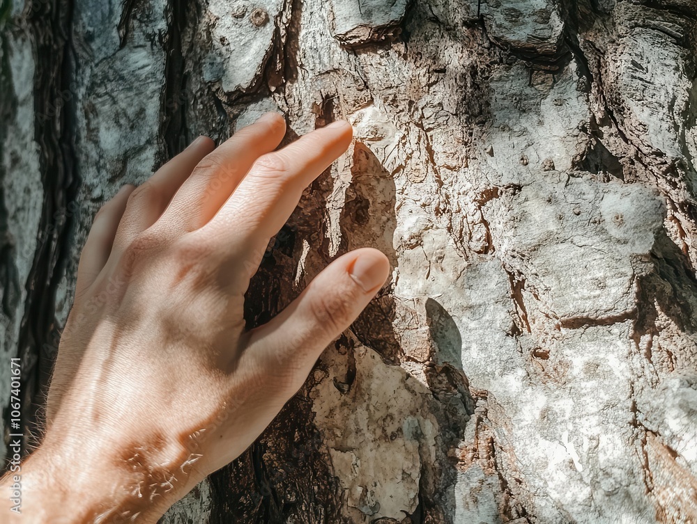 Poster a gentle hand touching the textured bark of a tree, bathed in soft, dappled sunlight, conveying a co