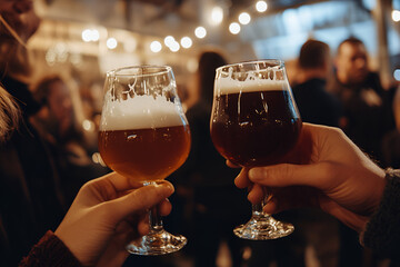 Celebrate togetherness craft beer enthusiasts raise glasses for a joyful toast at the local brewery event