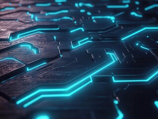 Obraz premium a futuristic circuit board with neon blue lights and intricate pathways on a dark, matte background, giving a sense of advanced technology and digital innovation, with a 3d rendered perspective