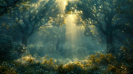 Fototapeta premium Enchanted Forest: Sunlight Through Trees in a Mystical Forest Landscape