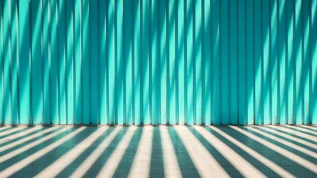 A turquoise wall casts long, thin shadows on a concrete surface