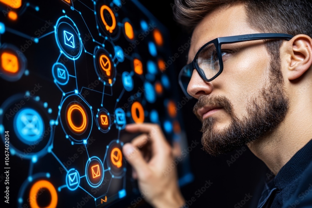 Aufkleber Cyber analyst studying an encrypted message on a screen with cryptographic symbols, showing data security efforts