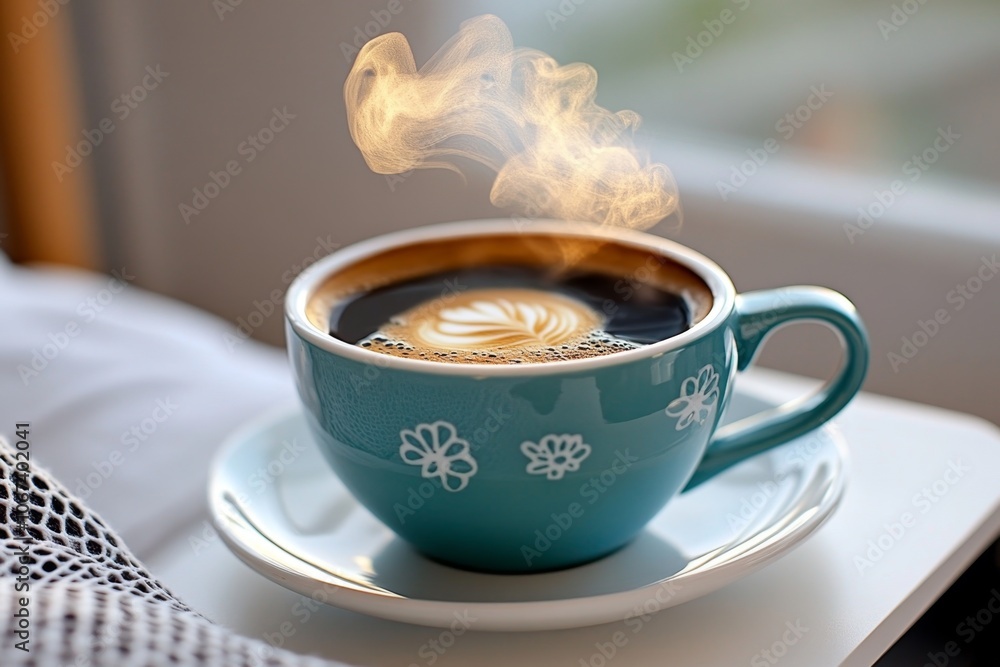 Poster cup of steaming coffee on a bedside table, suggesting a comforting wake-up call to start the day