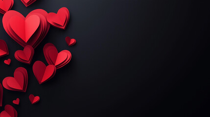Black background with paper red hearts. The concept of Valentine`s Day, 14th February, postcard, top view, horizontal, copy space