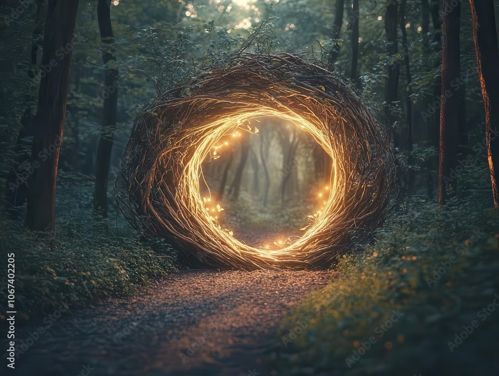 Poster a magical forest portal crafted from entwined tree branches, glowing with mystical light. the ethere