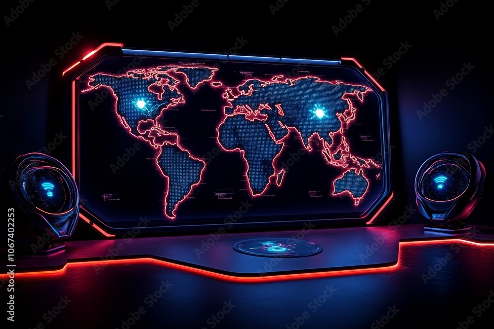 Poster cyberpunk room with holographic world map and digital threat alerts in neon hues, showing a futurist