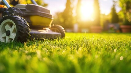 Fototapeta premium A close-up of a lawn mower on freshly cut grass with sunlight in the background.