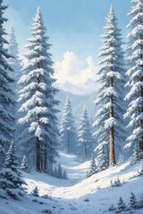 Fototapeta premium Snowy winter landscape with evergreen trees and mountains under a blue sky 