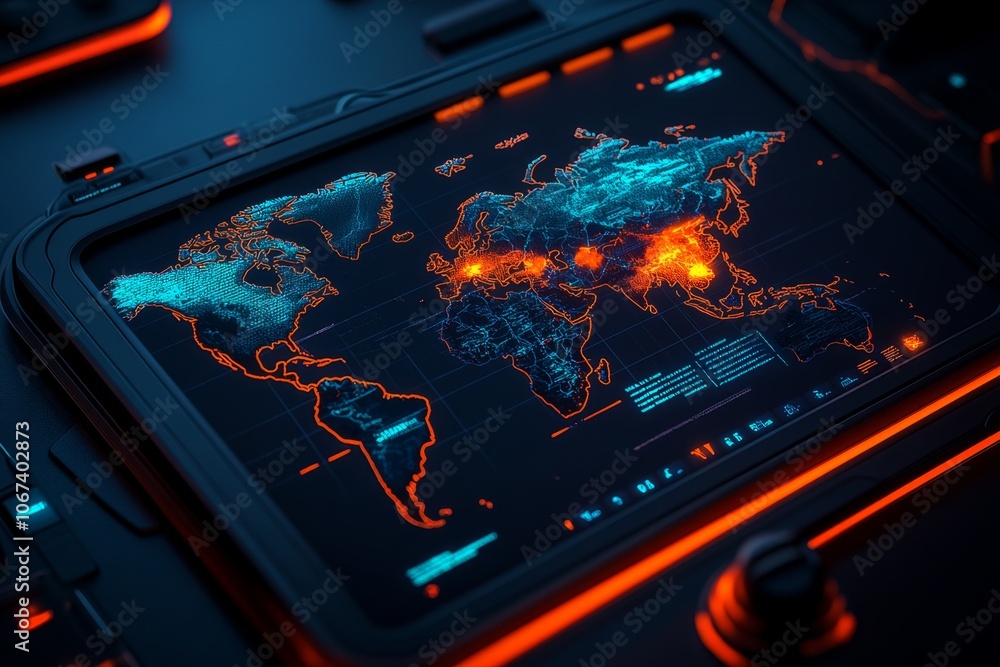 Poster Detailed image of a global threat map on a large digital screen, showing accurate data locations and threat zones
