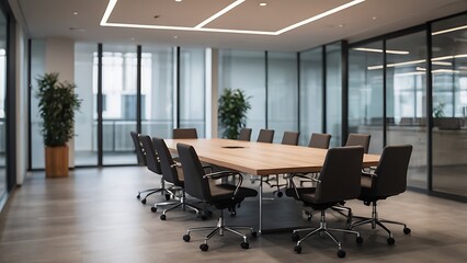 a modern office meeting room with a table and chairs