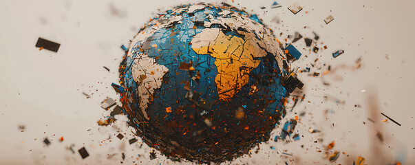 cracked globe with pieces labeled Tariffs and Sanctions, symbolizing global trade issues and economic challenges. fragmented world represents instability and conflict